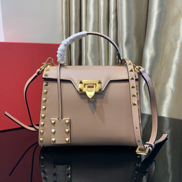 

classic designer tote bag with leather strap mirror quality women shoulder bags gold balck studs luxury calfksin small handbag purse with bo