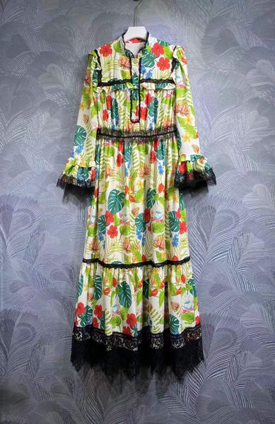 

high-quality autumn stand collar lace stitching printed long dress, Black