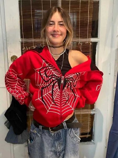 

spider web print sweater y2k women streetwear hoodie red zip up hoodies grunge oversized sweatshirt gothic harajuku alt jackets clothes, Black