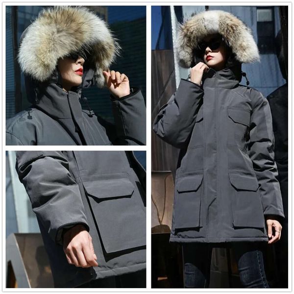 

womens winter outdoor leisure sports down jacket white duck windproof parker long leather collar cap warm real wolf fur designer, Black