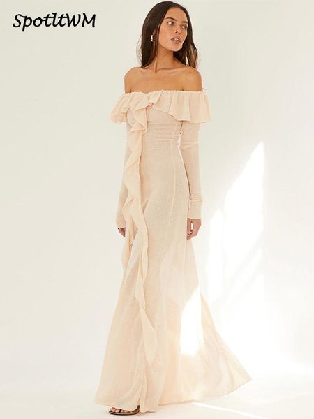 

basic casual dresses cotton slash neck full sleeve ruffles maxi dress slim fit split high waist long vestidos women elegant autumn prom part, Black;gray