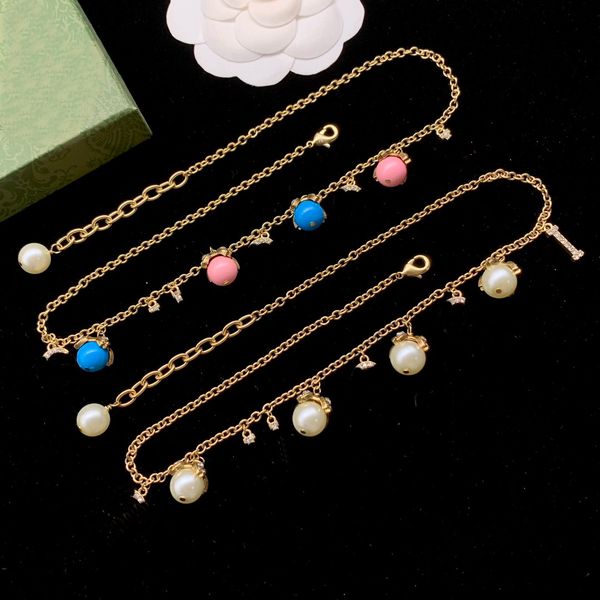 

letter and blue pink white bead pendant necklace for woman gift beaded long necklaces sweater chain brass jewelry birthday party gift with b, Silver