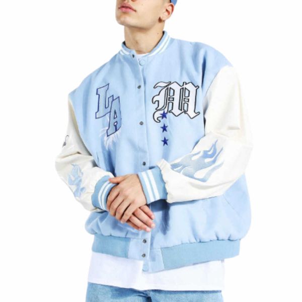 

oem custom chenille embroidery leather sleeves light blue baseball bomber letterman varsity jacket for men, Black;brown