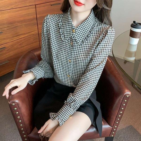 

plaid blouse blouses for women long sleeves with early spring french high end fashion chic, White