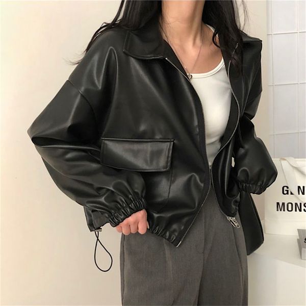 

women's jackets plamtee stylish classic pu jacket pockets zipper solid loose autumn minimalist chic office lady mujer coats 230812, Black;brown