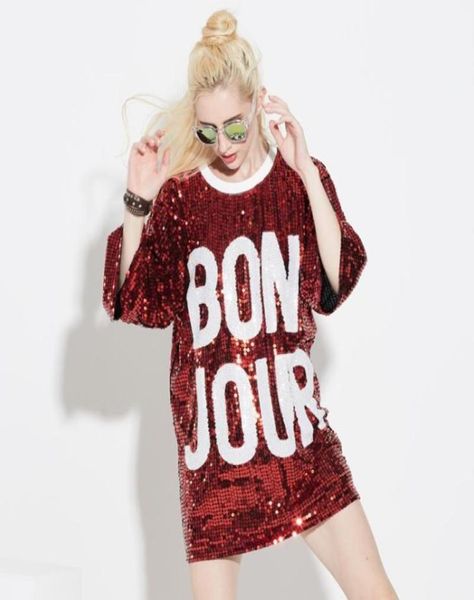 

casual dresses women oneck 34 sleeve loose logo sequin tshirt dress summer streetwear hip mesh oversized long tee bon jour6116083, Black;gray