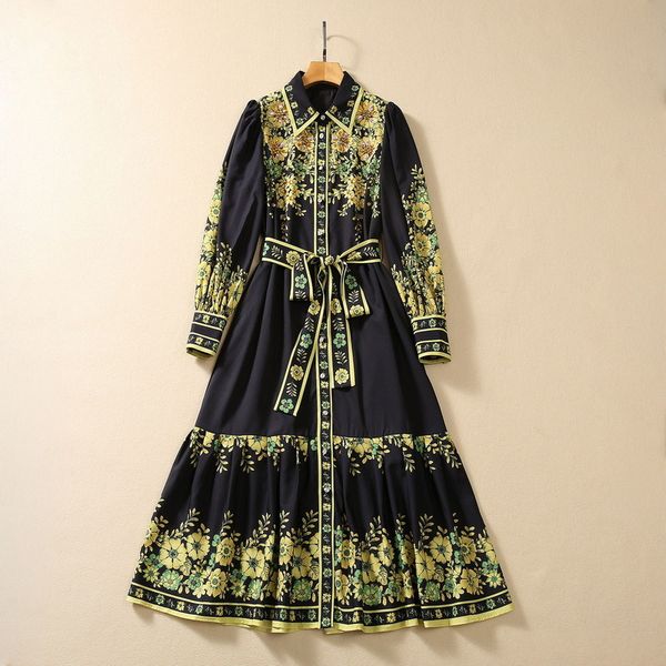 

european and american women's clothing 2023 autumn new nailed bead lapel long sleeve print black fashion belt dress, Black;gray