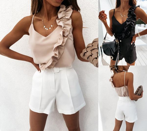

deep v neck ruffle blouses women summer blouse backless spaghetti strap shirts ladies sleeveless casual 1127014, White