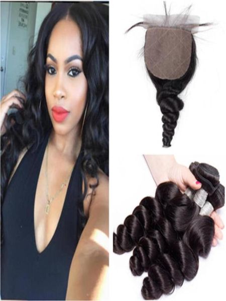 

loose wave wavy silk base closure 4x4 with weaves unprocessed virgin peruvian human hair 3pcs bundles deals with silk closure97355259, Black;brown