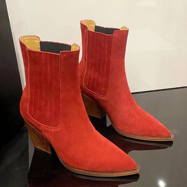 

cowhide suede ankle boots pointed toe chunky block heel elasticity spike genuine leather western cowboy boot women's luxury designer hi, Black