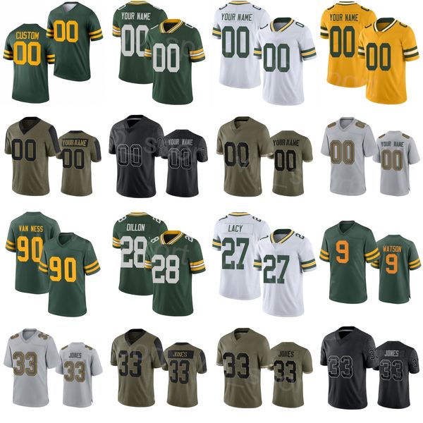 

custom football 27 patrick taylor jersey 87 romeo doubs 90 lukas van ness 33 aaron jones 28 aj dillon 9 christian watson olive salute to ser, Black;red