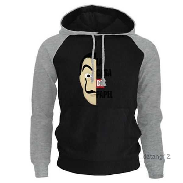 

la casa de papel designer hoodies costume face sweatshirt men's raglan pullover the house paper hoody men autumn tracksuit streetwear b, Black