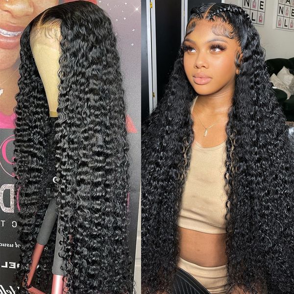 

30 40 Inch Glueless Preplucked Human Hair Wigs 220%density Lace Frontal Closure Wigs Loose Deep Wave Curly 13x6 Front Wig, Black