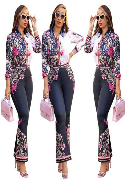 

latest autumn floral printed elegant women two pieces outfits long sleeves buttons shirt and long pants lady pantsuits real pictur6731457, White
