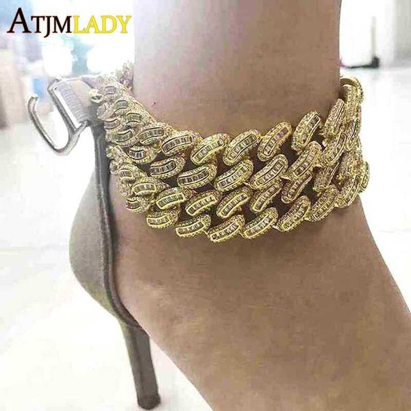 

2023 summer new 5a clear cz women 15mm leg chain fashion cubic zirconia link gold silver color cuban foot anklet 230719, Red;blue