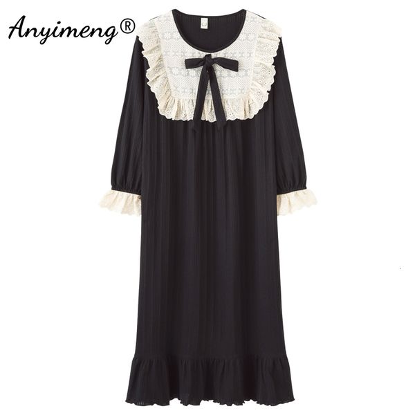 

women's sleepwear women victorian dress lace sleepwear long sleeved fall winter lingerie lace trim big size 3xl 4xl 5xl macaroon nightg, Black;red