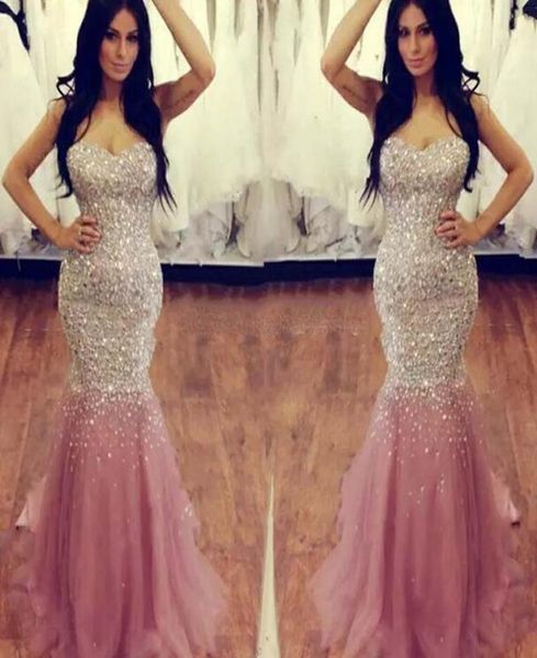 

2017 sweetheart crystal beaded sequin evening dresses luxury mermaid tulle satin floor length plus size skin pink prom dresses pag6604505, Black;red