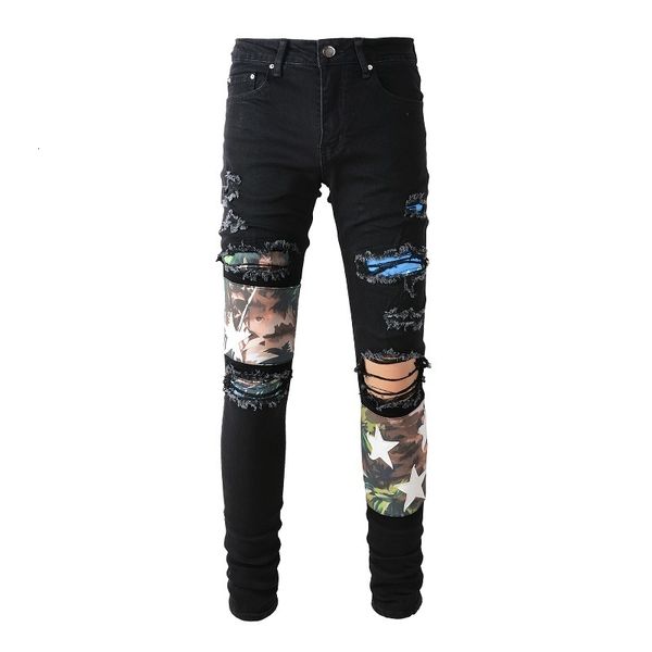 

men s jeans arrival distressed mens black holes tie dye printing patchwork stars patches stretch skinny 230814, Blue