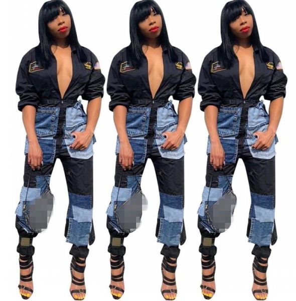 

denim patchwork cool women jumpsuits deep v neck long sleeves pockets fashionable pants outfits casual rompers9616214, Black;white