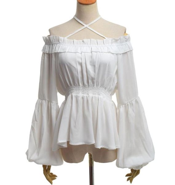 

women vintage lolita blouse high waist long sleeve boat neck halterneck flounce chiffon shirt 110937, White