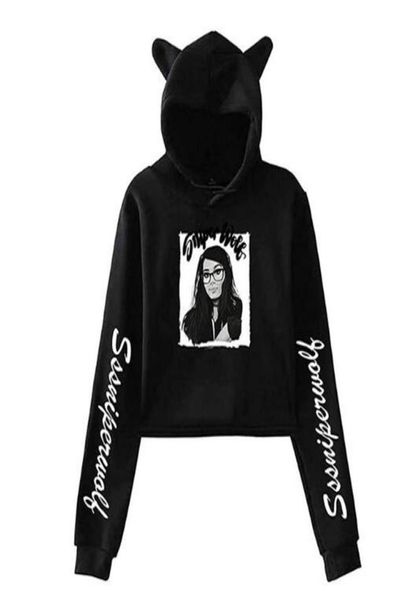 

sssniperwolf merch crop hoodie long sleeve harajuku cropped sweatshirt kawaii cat ear pullover women streetwear clothes8308154, Black