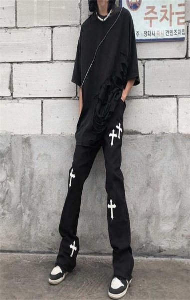 

hiphop brand printed cross overalls casual loose retro high waist trousers streetwear gothic pants for men and women 2111107398352, Black