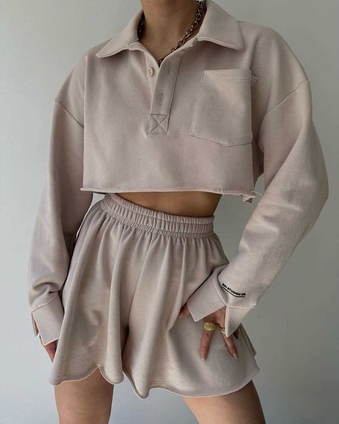 

2023 new solid long sleeve short casual cardigan drawstring shorts set, White