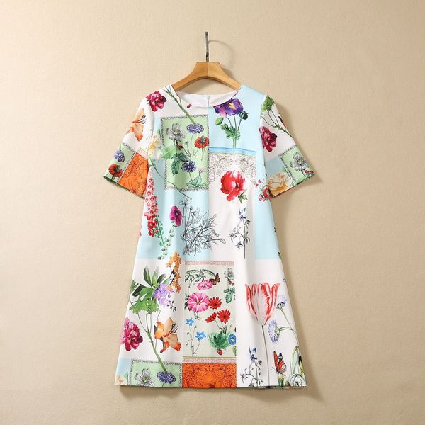 

european and american women's clothing 2023 autumn new round neck short-sleeved flower pattern printing fashion dress, Black;gray