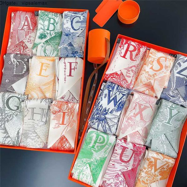 

korean version new 26 letter twill silk simulation silk scarf bag handle binding silk ribbon women's small scarf, Black;purple