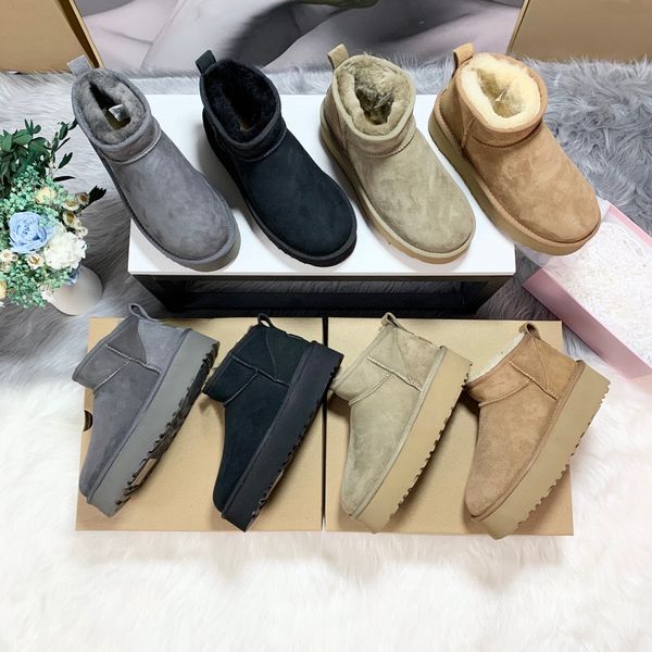

mini platform boot designer woman winter ankle australia ity snow boots thick bottom leather warm fluffy with fur for women classic, Black
