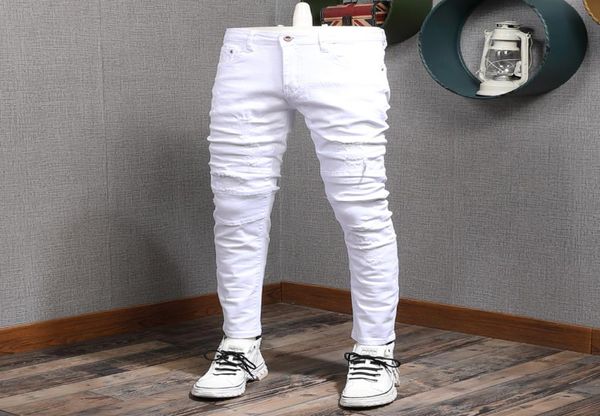 

men039s jeans korean style fashion men white color elastic slim fit ripped denim pencil pants streetwear hip hop t2092849, Blue