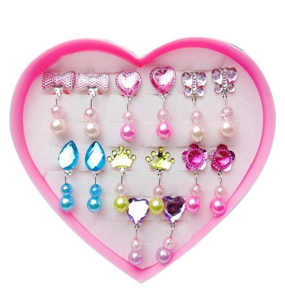 

7 pairs earrings girls faux pearl ear clip non piercing princess jewelry dangle storage box9101432, Pink;blue
