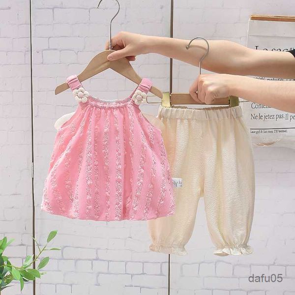 

clothing sets new summer children fashion clothing girl casual clothes gauze butterfly knot sling pants 2pcs r230814, White