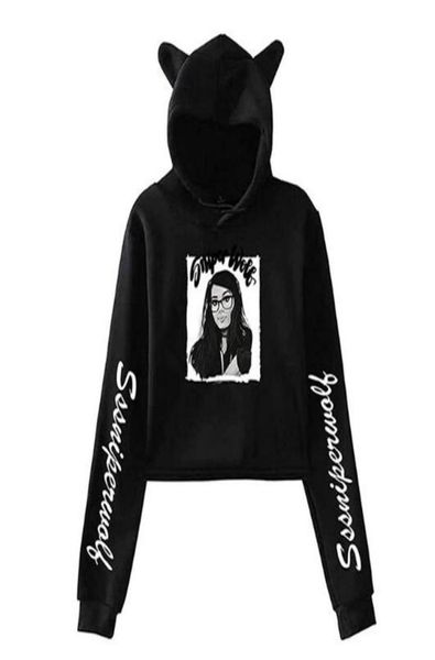 

sssniperwolf merch crop hoodie long sleeve harajuku cropped sweatshirt kawaii cat ear pullover women streetwear clothes7536776, Black