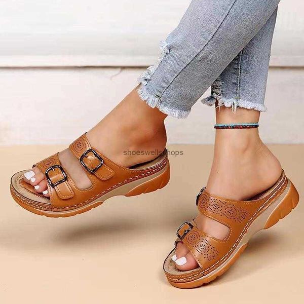 

slippers fashion double buckle wedge women summer brown pu leather platform sandals woman casual non slip beach flip flops 230808, Black