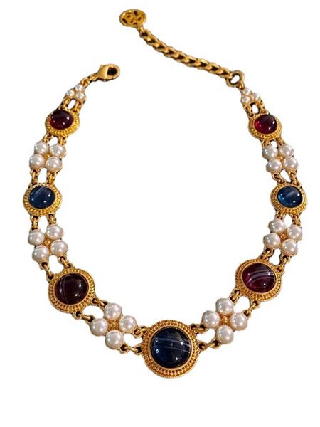 

women medieval jewelry vintage colorful glazed pearl earrings necklace luxury set retro necklace choker, Golden;silver