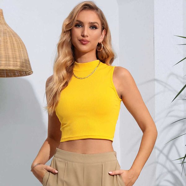 

2023 summer solid half high neck sleeveless open umbilical short tank top, White