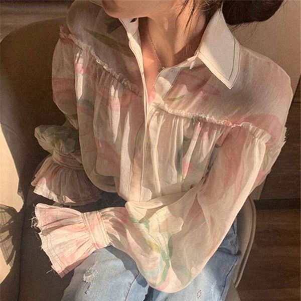 

item french womens clothing refined floral shirt style puff sleeve t, White