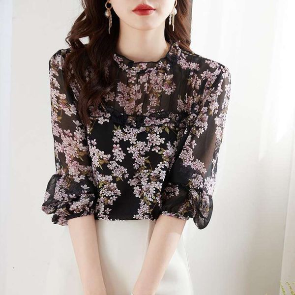 

western floral chiffon blouse shirts for women spring and summer korean version of the style skin covering slim, White