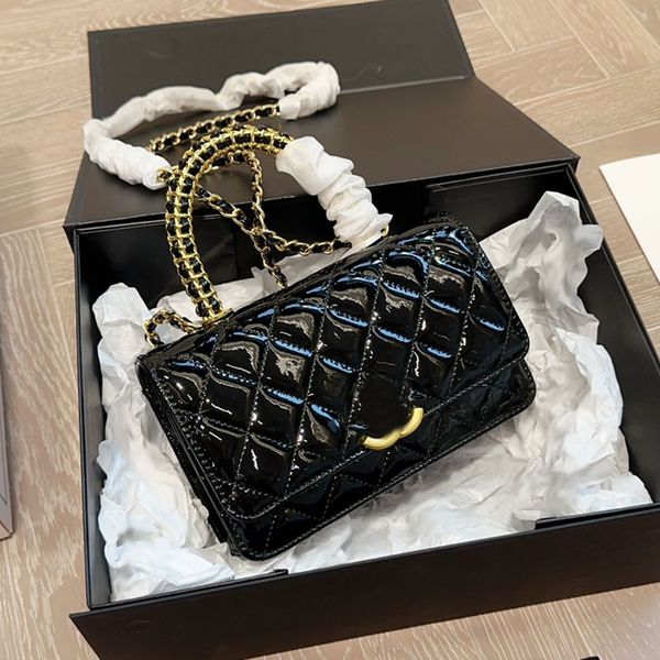 

women designer glossy patent leather portable woc bag with knitting metal handle gold hardware matelasse chain cross body shoulder handbag l