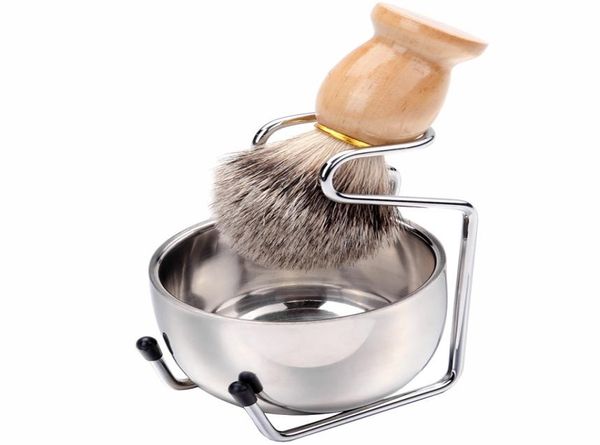 

men039s shaving brush set badger hair wood handle stainless steel foam bowl barber men facial beard cleaning shave tool hha11848050553