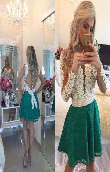 

lace green homecoming dresses 2022 with long sleeves pearls a line hollow back short prom graduation cocktail dress plus size2303924, Blue;pink