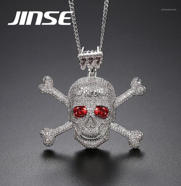 

jinse full rhinestone punk red cz stone skeleton skull pendants necklaces for men gold color hip hop jewelry gift rope chain18054251, Silver