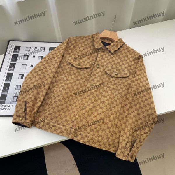 

xinxinbuy men designer coat jacket denim double sided double letter jacquard fabric long sleeve women gray black white khaki m-2xl, Black;brown