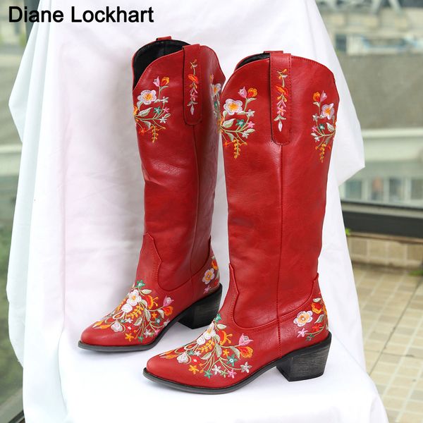 

boots vintage shaped flowers embroidery bootes women western cowgirls cowboy boots casual work riding chunky heel boot ladies 230812, Black
