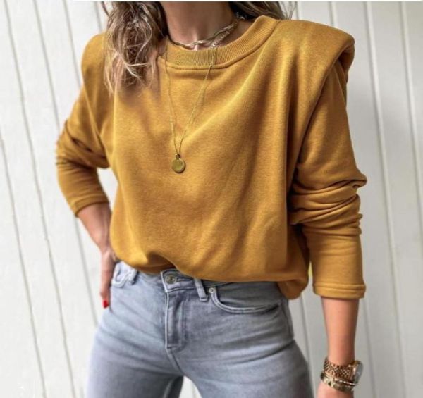 

women039s tshirt casual padded shoulder long sleeve bottoming shirts women solid color fashion autumn lady round collar pullov52439292498, White