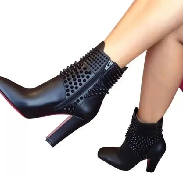 

23/3s women black leather boot ankle boots high heels chunky heeled booty marchacroche calf leathers ankles booties platform rubber soles si
