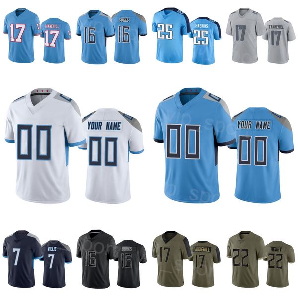 

custom football 25 hassan haskins jersey 16 treylon burks 77 peter skoronski 17 ryan tannehill 22 derrick henry 7 malik willis salute to ser, Black;red