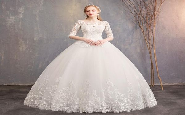 

tulle ball gown wedding dresses with lace appliques 2019 half sleeves bride dress vestido de novia8262025, White