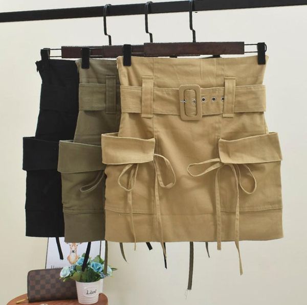 

flectit women paperbag belted mini skirt military style twill cargo skirt with belt pocket high waist skirts female y190430029876383, Black